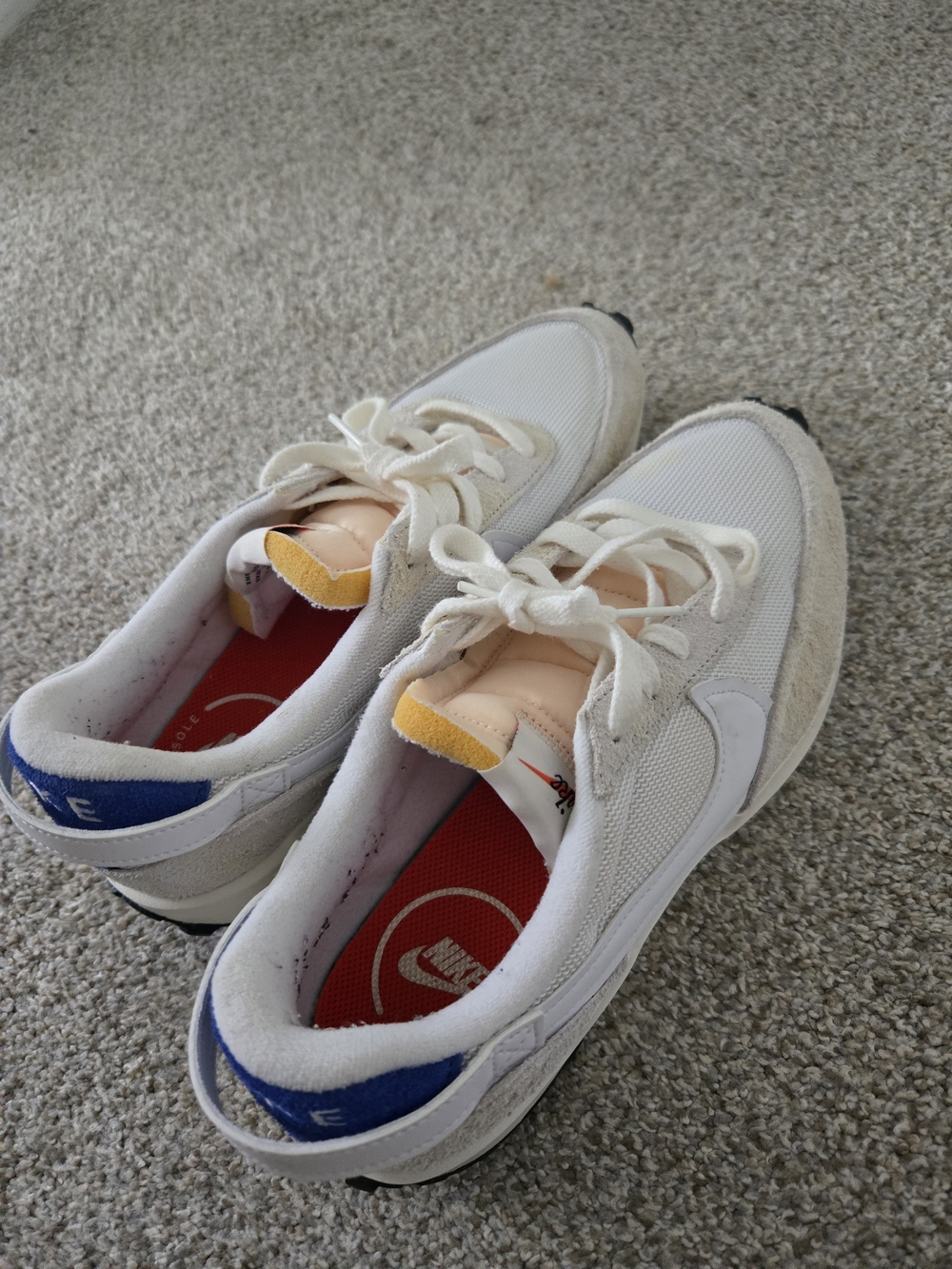 Womens White NIKE Sneakers with Blue Heel Accent